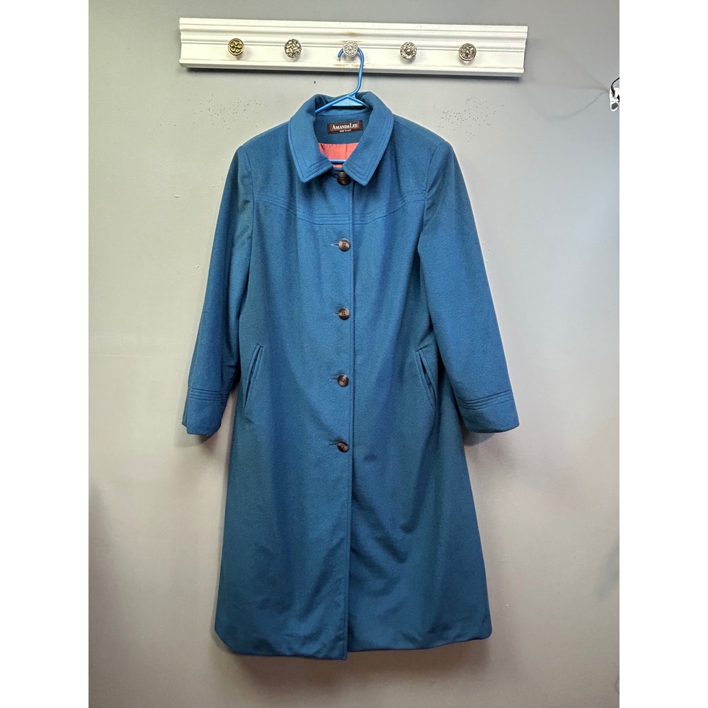Amanda Lee Coat Womens L Teal Blue Kashmiracle Vintage Longline Button Front USA